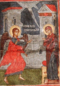 Благовещение. Стенопис от църквата „Св. Атанасий“ в Арбанаси, 1667 г.