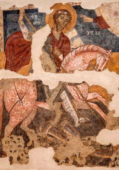 Св. Теодор Тирон убива змея. Стенопис от Бари, Италия, XIII в.