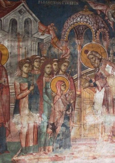 Въведение Богородично в храма. Стенопис от Дечанския манастир, Косово, 14 в.