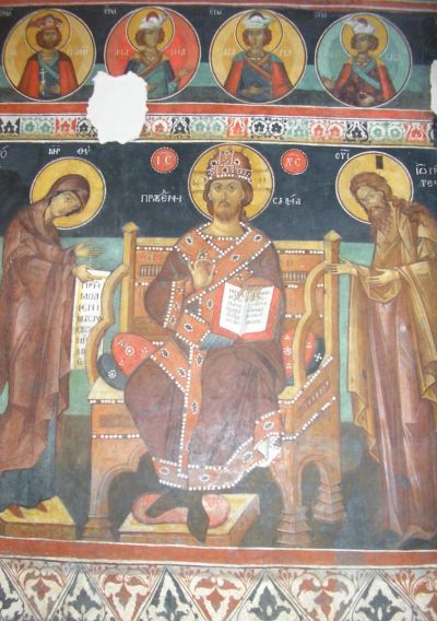Христос между св. Богородица и св. Йоан Предтеча (Деисис). Стенопис от Кремиковския манастир „Св. Георги“, 15 в. 